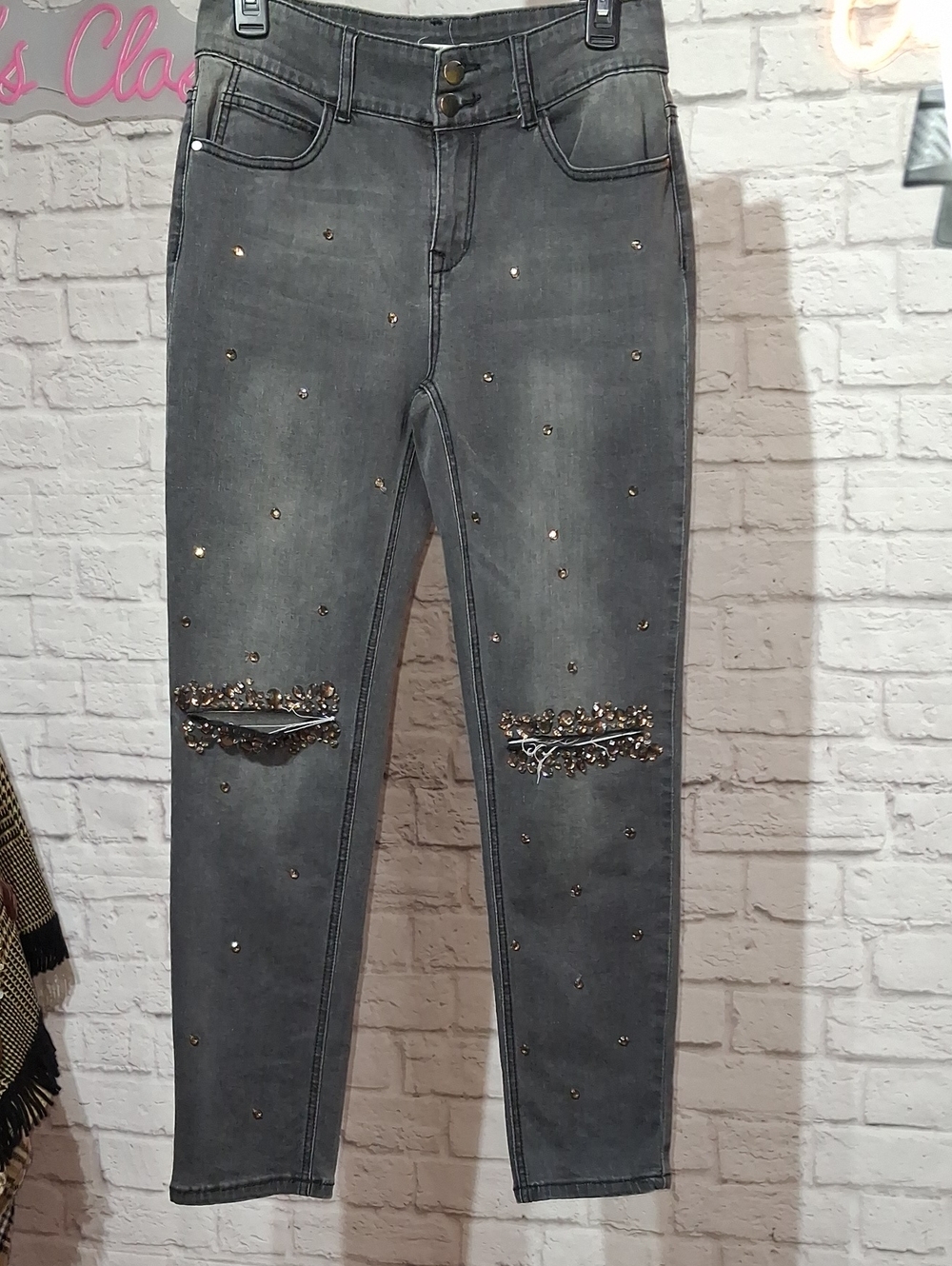 Moda Luxe Grey High-Rise Embellished Skinny Jeans